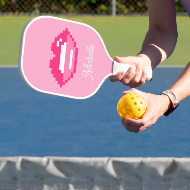 Glossy pink lips mouth logo custom pickleball paddle (Insitu)