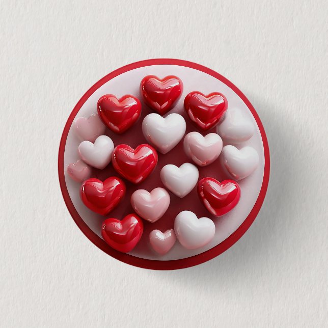Glossy Red and White Hearts 1 Inch Round Button (Front)