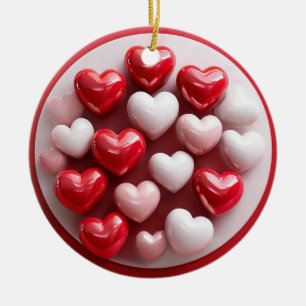 Glossy Red and White Hearts Ceramic Ornament