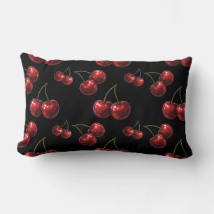 Glossy Red Cherries Black Retro Glam Lumbar Pillow