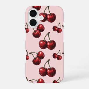 Glossy Red Cherries Pink Retro iPhone 16 Case