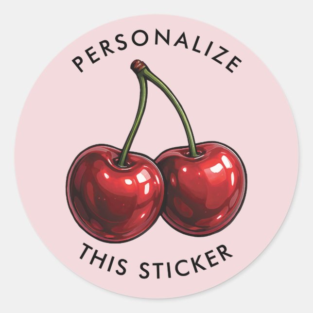 Glossy Red Cherries Pink Retro Party Classic Round Sticker (Front)