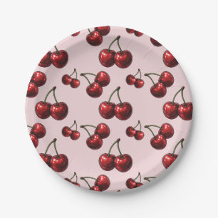 Glossy Red Cherries Pink Retro Party Paper Plate