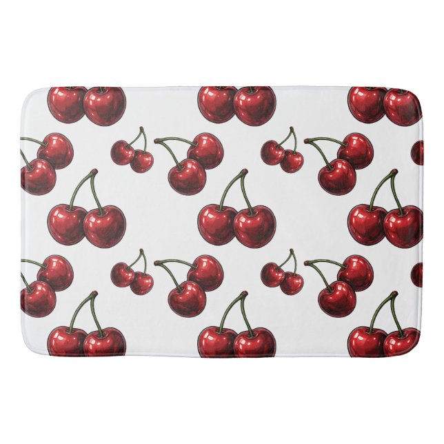 Glossy Red Cherries White Retro Glam Bath Mat (Front)