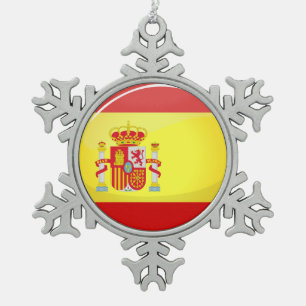 Glossy Round Flag of Spain Snowflake Pewter Christmas Ornament