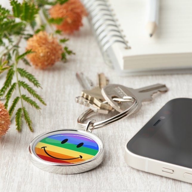 Glossy Round Smiling Gay Lgbt Pride Flag Keychain (Side)