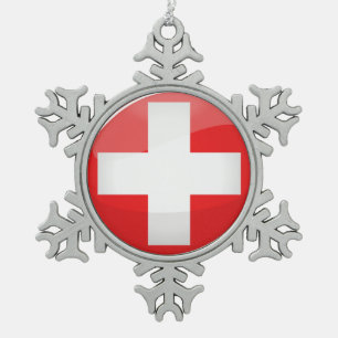 Glossy Round Swiss Flag Snowflake Pewter Christmas Ornament