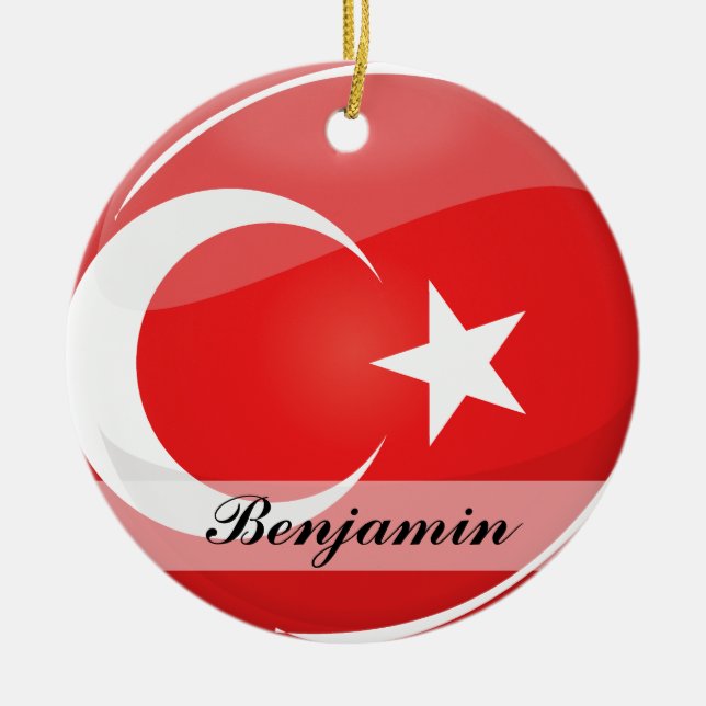 Glossy Round Turkish Flag Ceramic Ornament (Front)