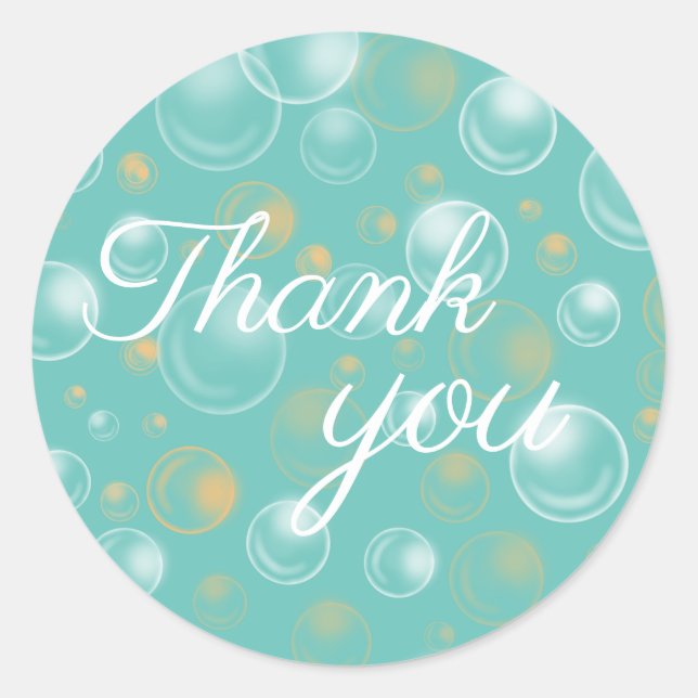 glossy soap bubbles teal thank you classic round sticker (Front)