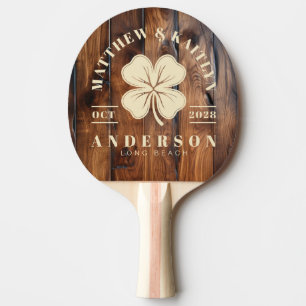 Glossy Stained Dark Wood Irish Clover WeddingCrest Ping Pong Paddle