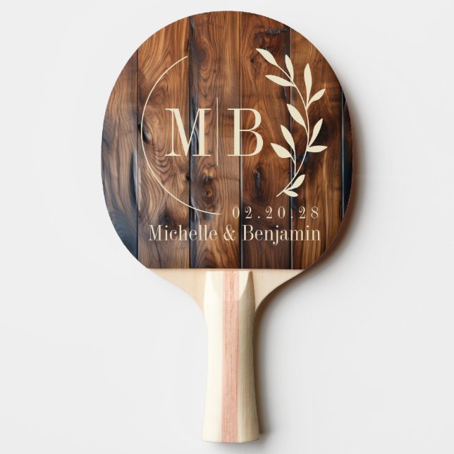 Glossy Stained Dark Wood Leaf Wedding Monogram Ping Pong Paddle (Back)