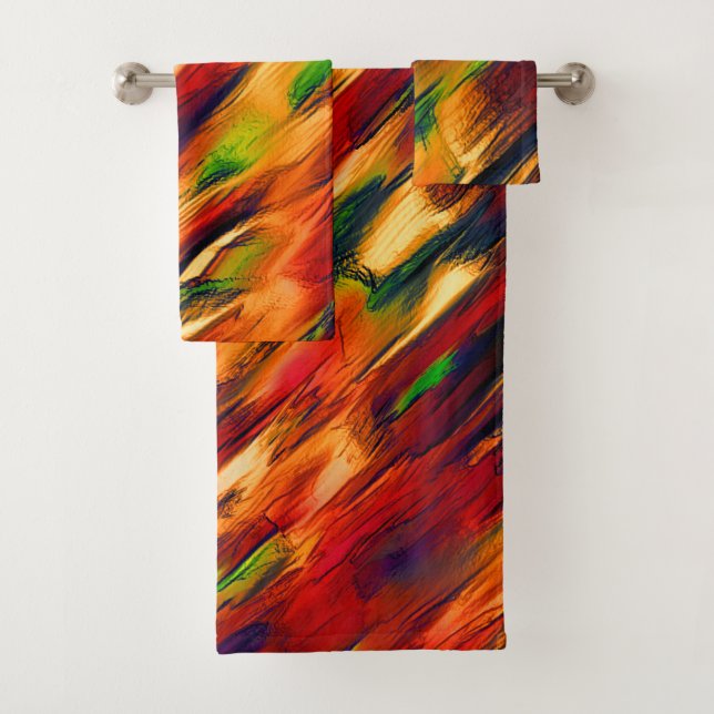 Glossy stained from red to orange, a little green bath towel set (Insitu)