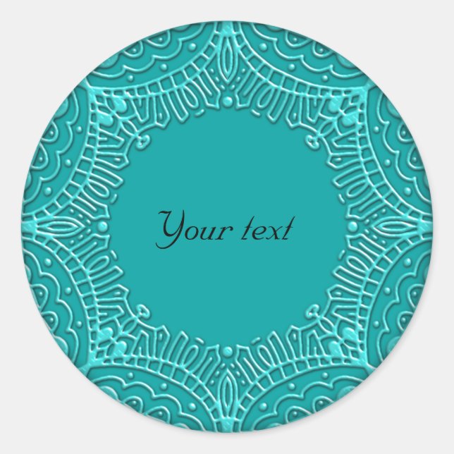 Glossy turquoise ornamental design classic round sticker (Front)
