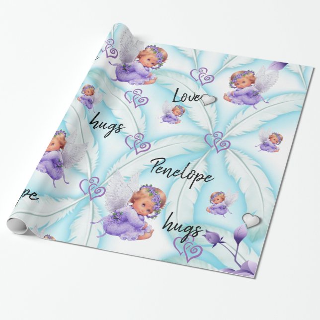 Glossy Wrapping Paper, Angel Blue Feathers Hearts Wrapping Paper (Unrolled)