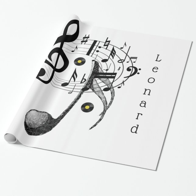 Glossy Wrapping Paper, Black and White Music Notes Wrapping Paper (Unrolled)