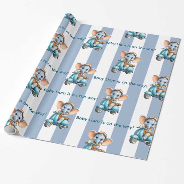 Glossy Wrapping Paper Blue & White Stripe Elephant (Unrolled)