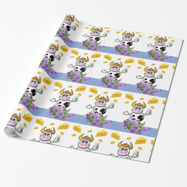 Glossy Wrapping Paper, Cow Blue Plaid Cheese Paper (Unrolled)