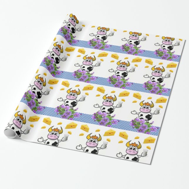 Glossy Wrapping Paper, Cow Plaid Cheese Floral Paper (Unrolled)