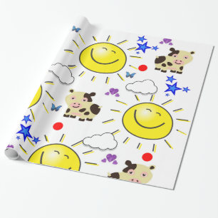Glossy Wrapping Paper, Cow Sun Clouds Hearts Wrapping Paper