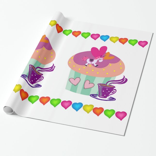 Glossy Wrapping Paper, Cupcakes Colourful Hearts Wrapping Paper (Unrolled)