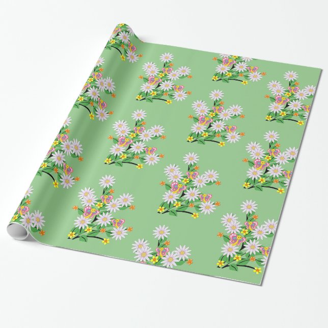 Glossy Wrapping Paper, Floral Butterfly Green Wrapping Paper (Unrolled)