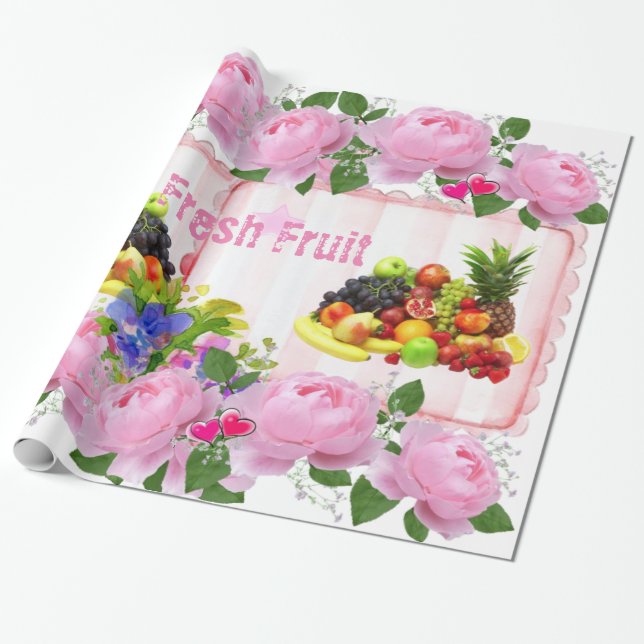 Glossy Wrapping Paper, Fruit Pink Roses Floral Wrapping Paper (Unrolled)