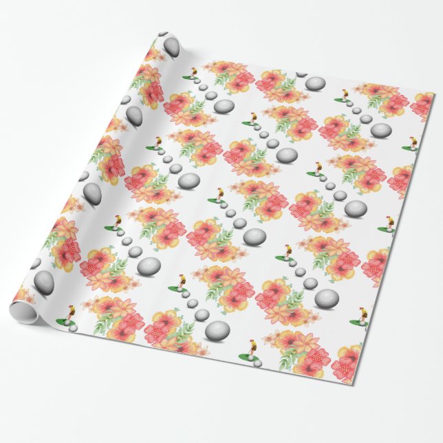 Glossy Wrapping Paper, Golf Balls Golfer Floral Wrapping Paper (Unrolled)