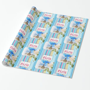 Glossy Wrapping Paper, Paris France Blue Stripe Paper