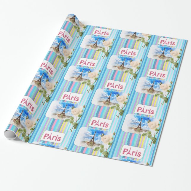 Glossy Wrapping Paper, Paris France Blue Stripe Paper (Unrolled)