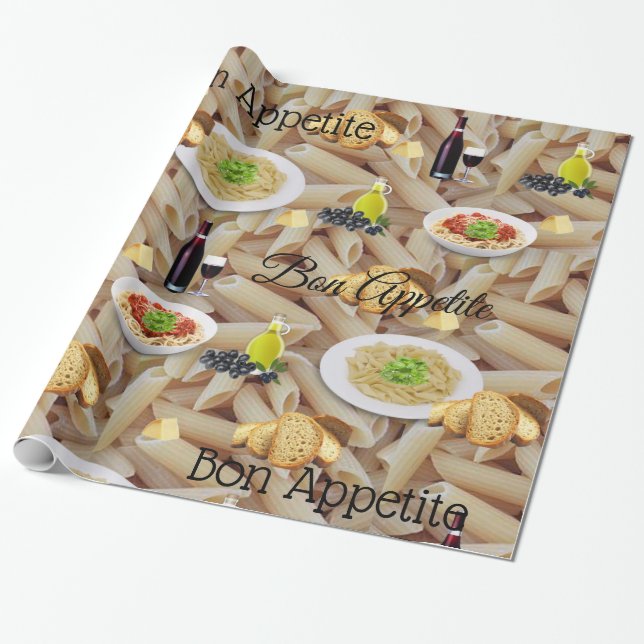 Glossy Wrapping Paper, Pasta Red Wine Bread Olives Wrapping Paper (Unrolled)