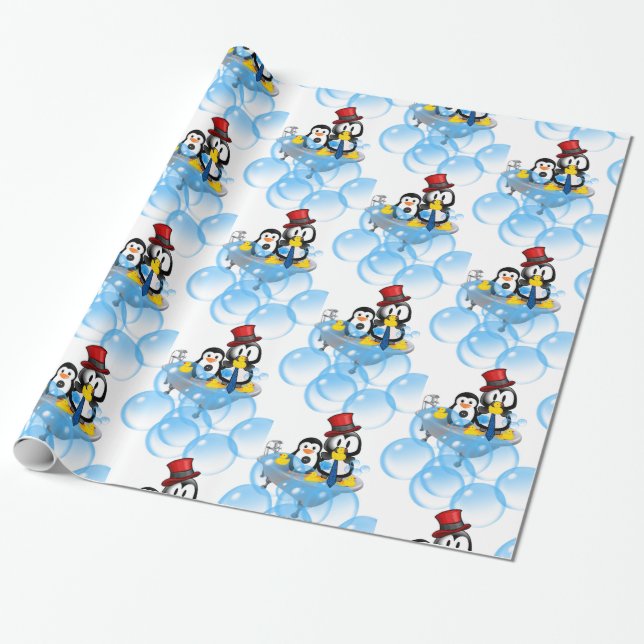 Glossy Wrapping Paper, Penguin Bubble Bath Tub Wrapping Paper (Unrolled)