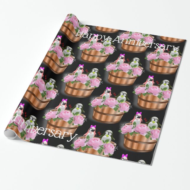 Glossy Wrapping Paper, Penguin Pink Roses Wrapping Paper (Unrolled)
