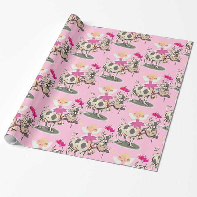 Glossy Wrapping Paper, Pink Fairy Cows Hearts Paper (Unrolled)