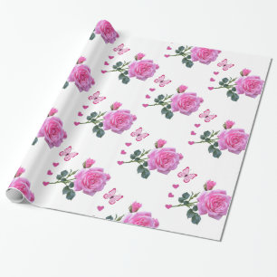 Glossy Wrapping Paper, Pink Rose Floral Butterfly Wrapping Paper