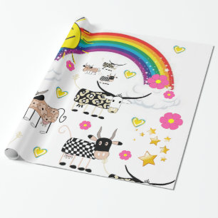 Glossy Wrapping Paper, Rainbow Cows Flowers Stars Paper