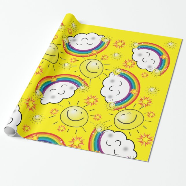 Glossy Wrapping Paper, Rainbow Sun Clouds Yellow Paper (Unrolled)