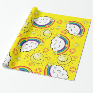 Glossy Wrapping Paper, Rainbow Sun Clouds Yellow Wrapping Paper