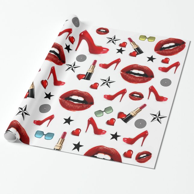 Glossy Wrapping Paper, Red Lipstick Lips Heels Wrapping Paper (Unrolled)