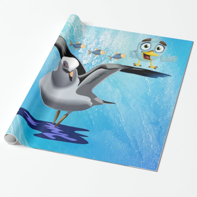 Glossy Wrapping Paper, Seagull Birds Fish Wave Wrapping Paper (Unrolled)