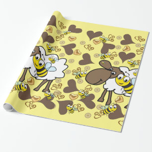 Glossy Wrapping Paper, Sheep Bee Brown Hearts Wrapping Paper