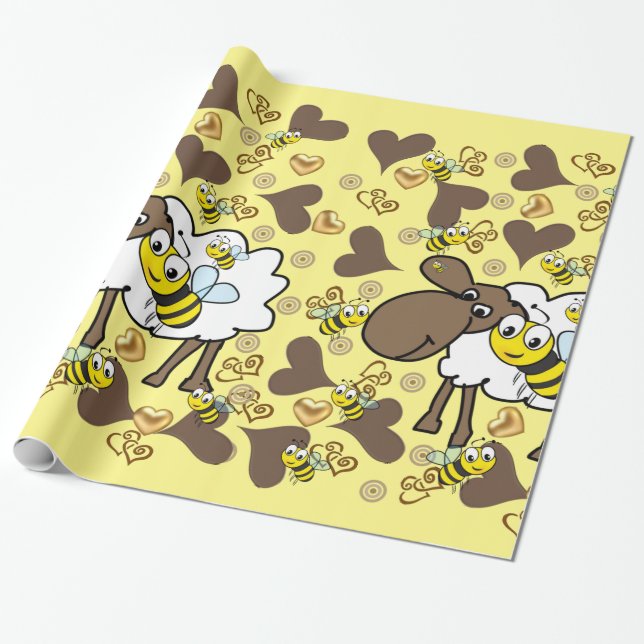 Glossy Wrapping Paper, Sheep Bee Brown Hearts Wrapping Paper (Unrolled)