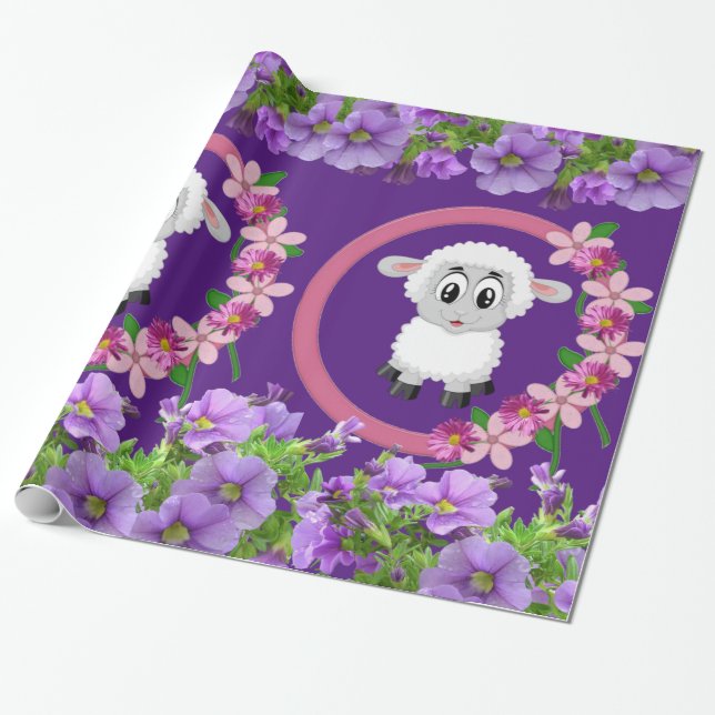 Glossy Wrapping Paper, Sheep Floral Purple Paper (Unrolled)