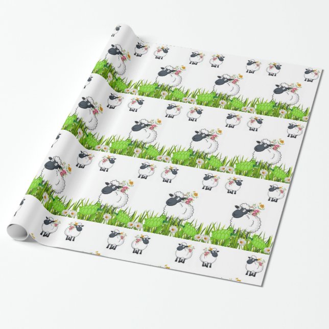 Glossy Wrapping Paper, Sheep Floral Wrapping Paper (Unrolled)