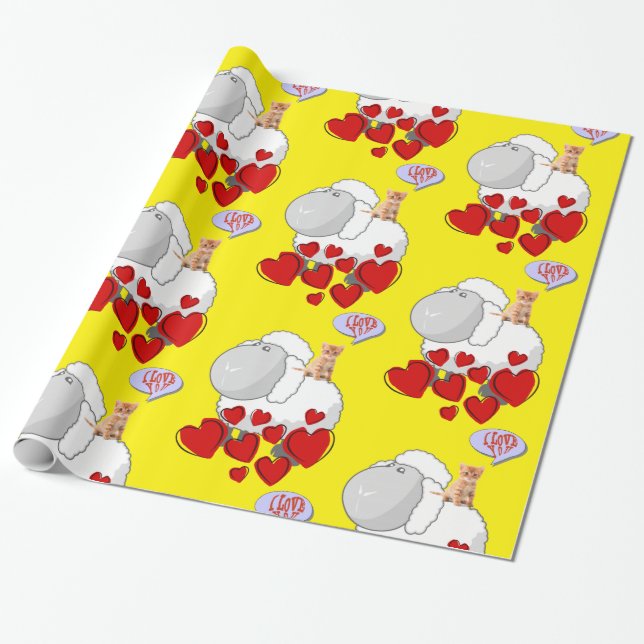 Glossy Wrapping Paper, Sheep Kitten Hearts Yellow Wrapping Paper (Unrolled)