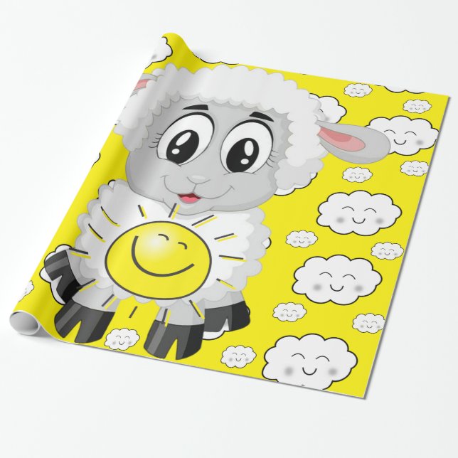Glossy Wrapping Paper, Sheep Sun Yellow Clouds Wrapping Paper (Unrolled)