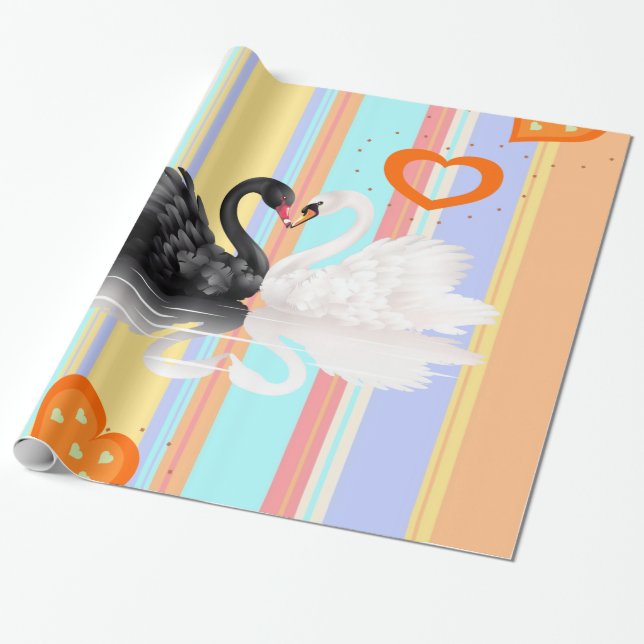 Glossy Wrapping Paper, Stripe Hearts Swans Wrapping Paper (Unrolled)