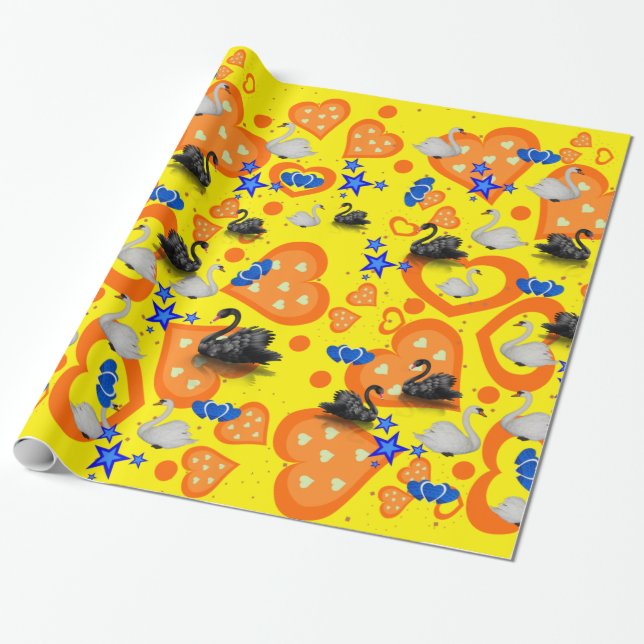 Glossy Wrapping Paper, Swan Orange Hearts Yellow Wrapping Paper (Unrolled)