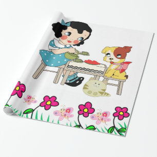 Glossy Wrapping Paper, Vintage Dog Cat Floral Paper