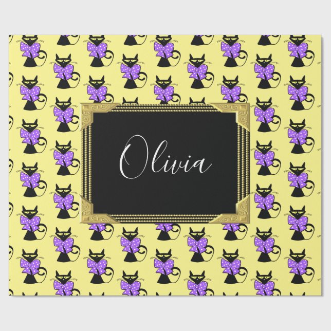 Glossy Wrapping Paper, Yellow Black Cat Monogram Wrapping Paper (Flat)