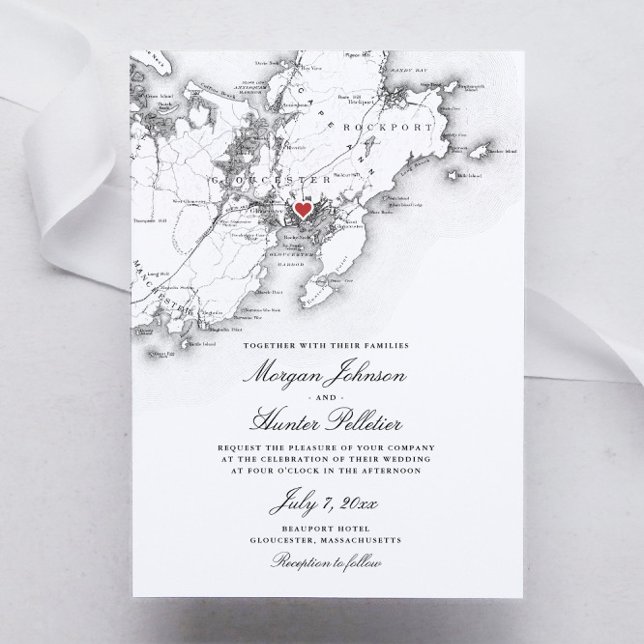 Gloucester Cape Ann Elegant Black White Wedding Invitation (Gloucester Massachusetts elegant black and white map wedding invitation)